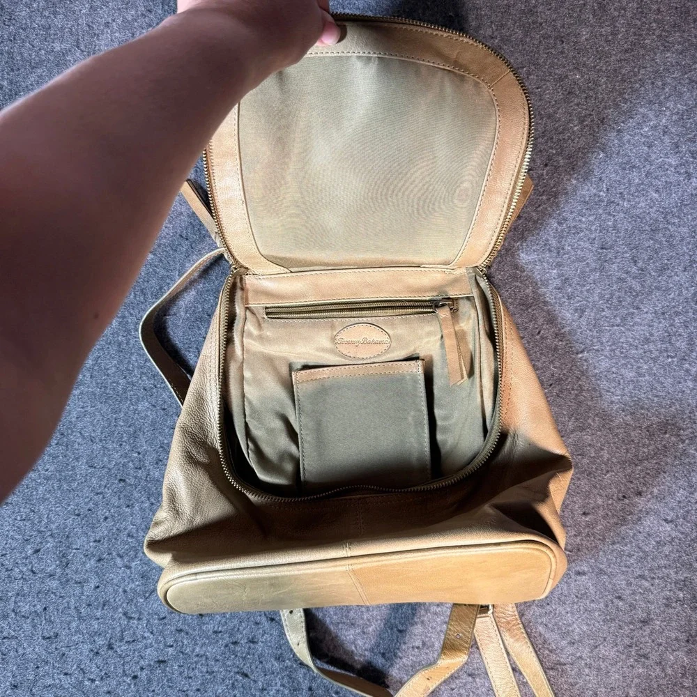 Tommy‎ Bahama Leather Backpack Olive Tan Braided Handle Small Travel Bag